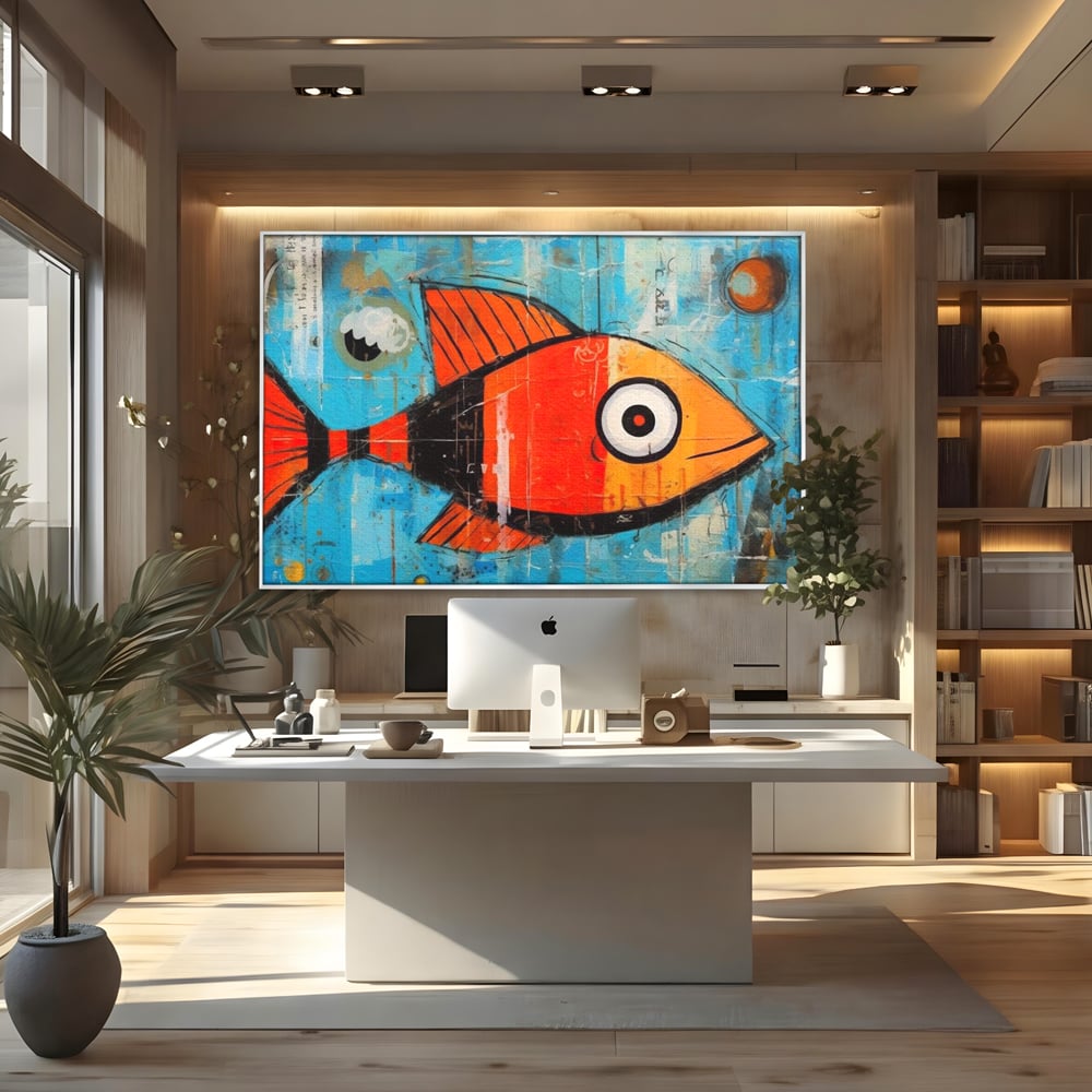 Tablou canvas cu tablou canvas cu peste stilizat in stil pop art, in rama de aluminiu argintiu, pe perete intr-un birou